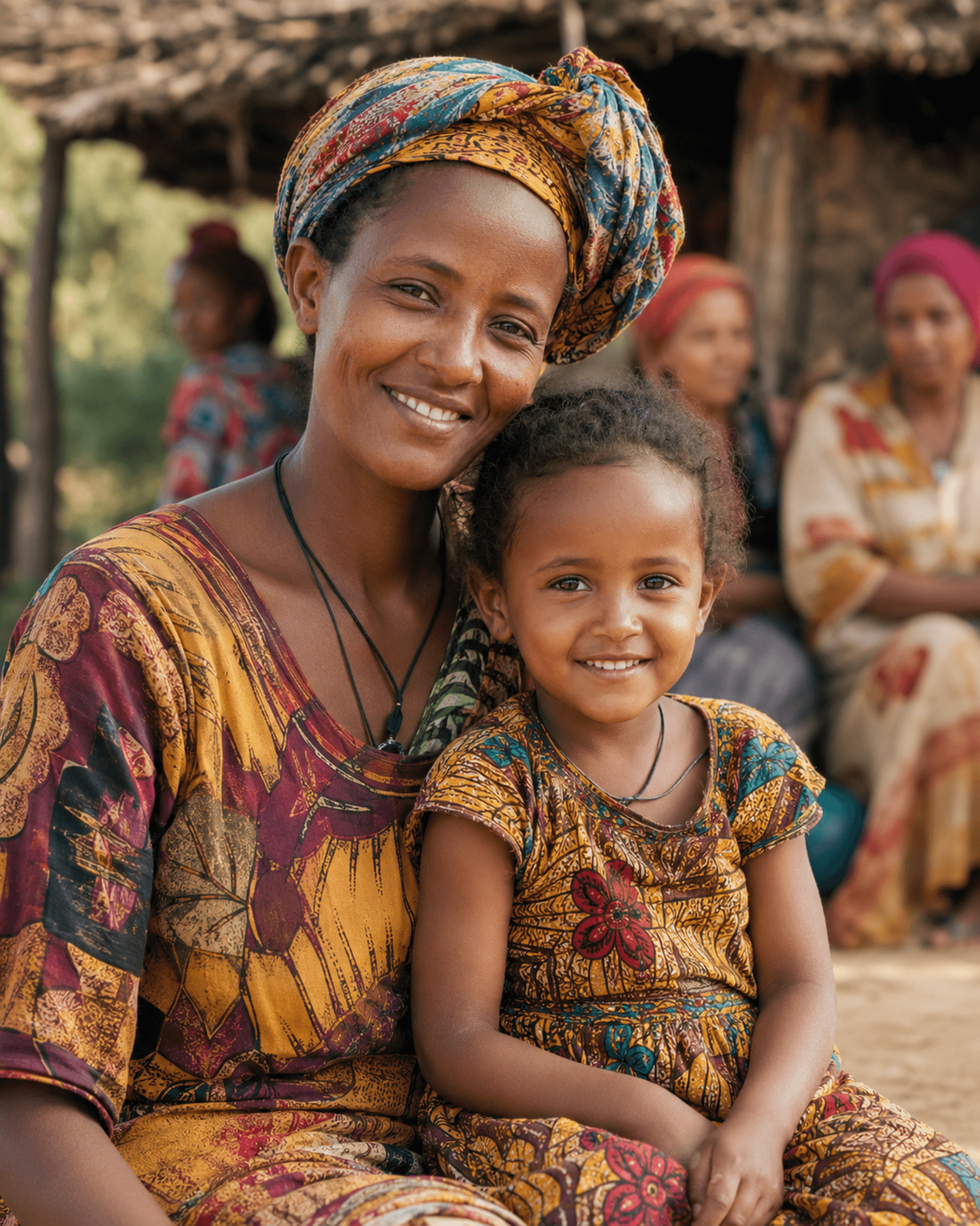 Ethiopian woman caregiver with child, smiling with hope and dignity